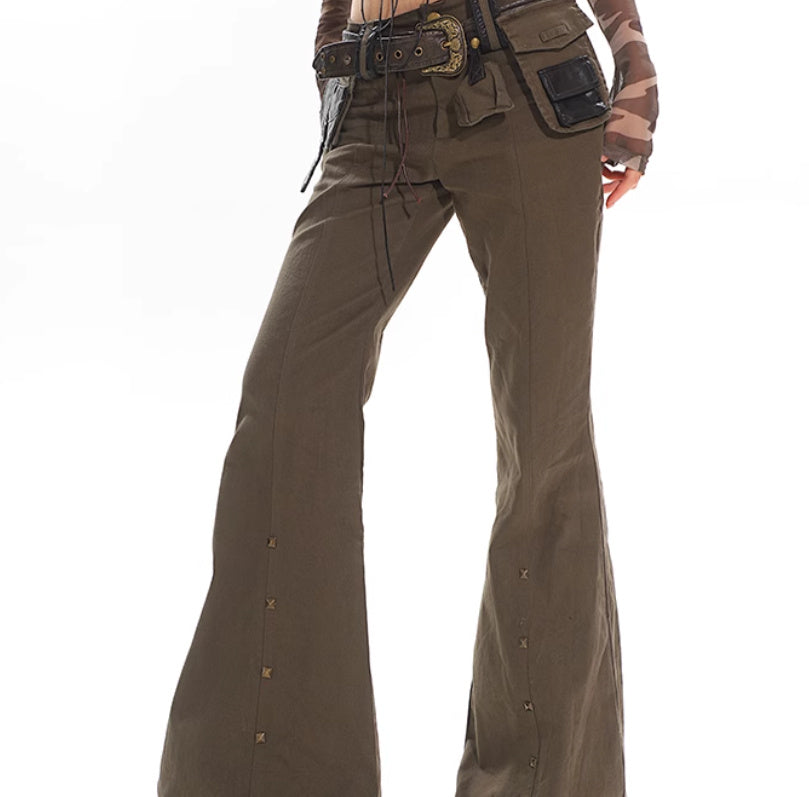 Black Weila Slimming Washed Denim Army Green Design Sense Bell-bottom Pants