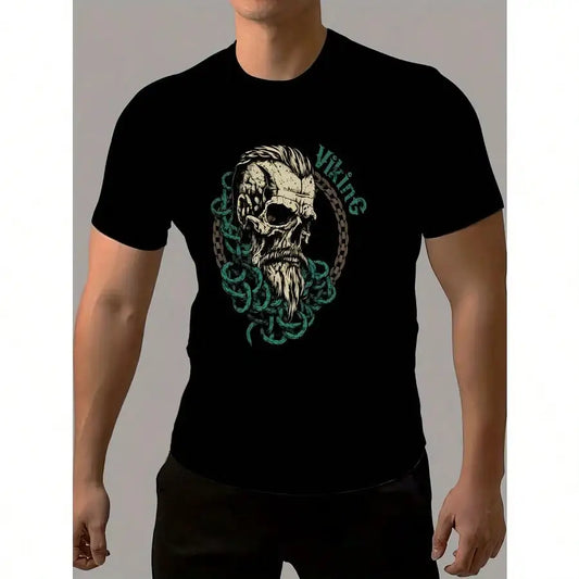 1pc Viking Skull Print T-Shirt for Men, Casual Crew Neck, 100% Polyester Knit Fabric, Reguler Print Design, S