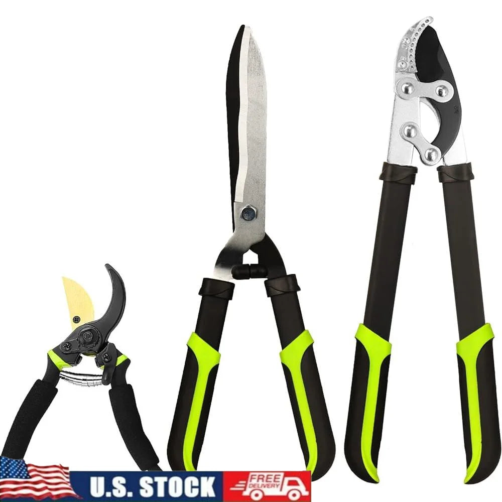 3-Piece Garden Pruner Set Sharp Loppers Hedge Clippers Pruning Shears Compound Action Tree Trimmer Branch Cutter Yard Tools