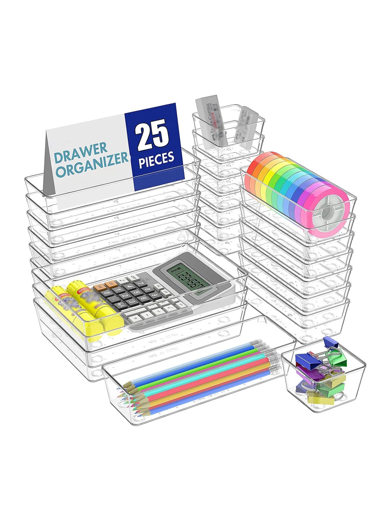 25pcs Drawer Storage Box Kit, Multifunctional Clear Plastic Drawer Organizer Set, Drawer Divider Organizers And Storage Box