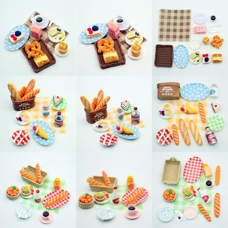 1Set Dollhouse Mini Breakfast Play Dim Sum Bread Jam Plate Model Miniature Kitchen Cooking Baking Model DIY Doll Accessories