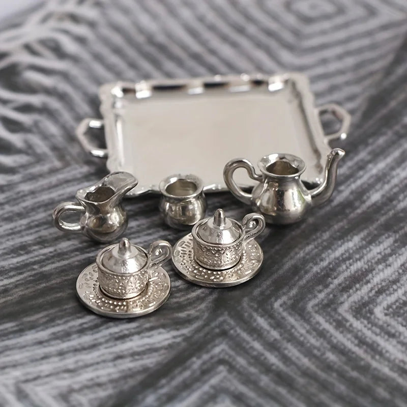 1set Mini Silver Simulation Plated Tea Cup Set Teapot Model Dollhouse Miniature Home Kitchen Decor Funny Play Accessories