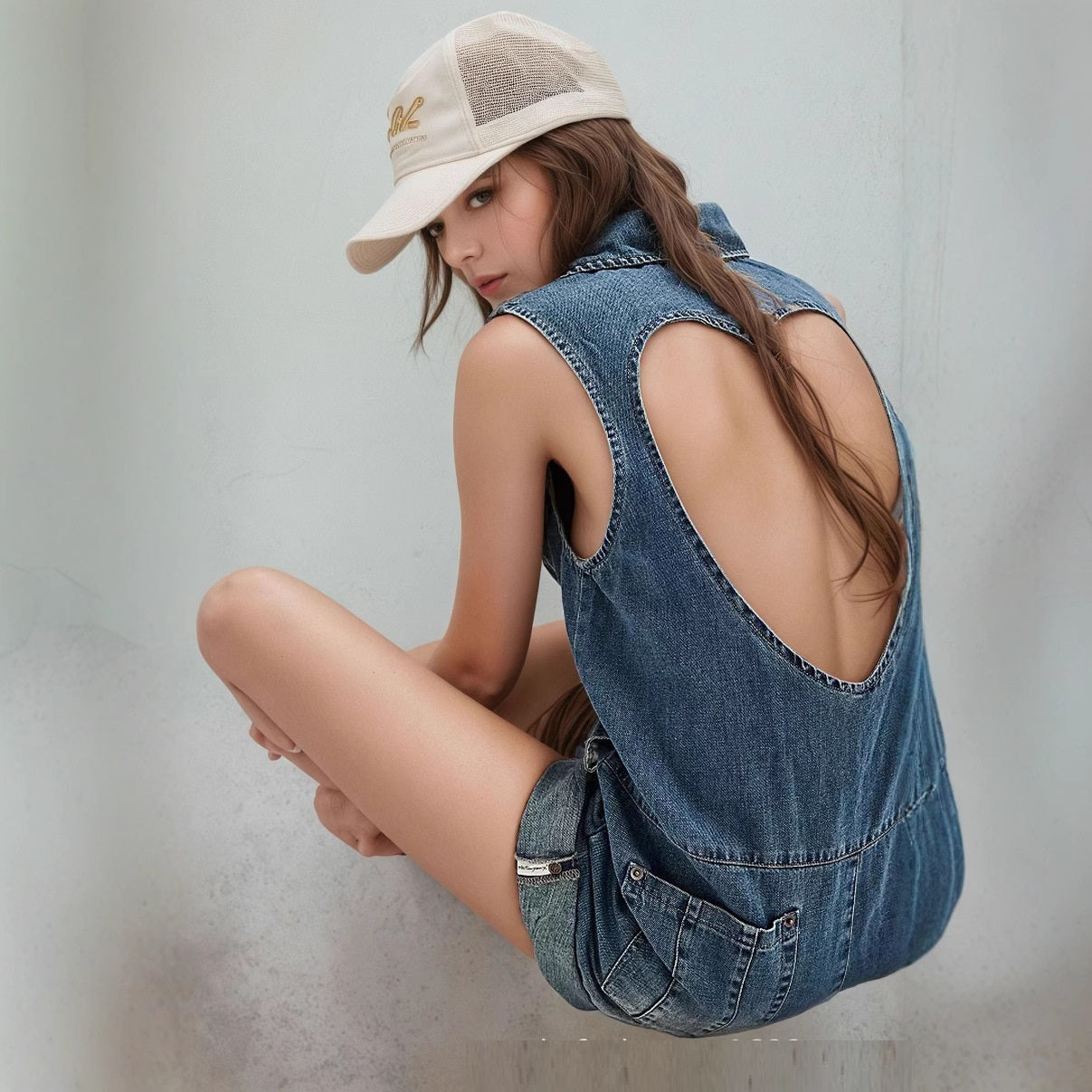 European And American Retro Lapels Blue Casual Wide Leg Heart-shaped Cowboy Siamese Shorts