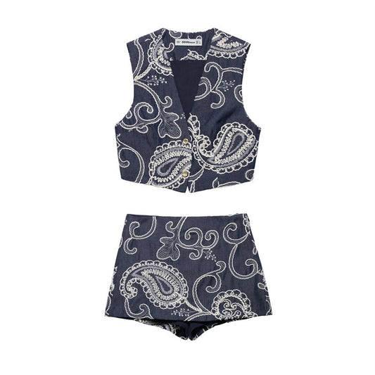 Embroidery Short Vest Top Embroidered Culottes