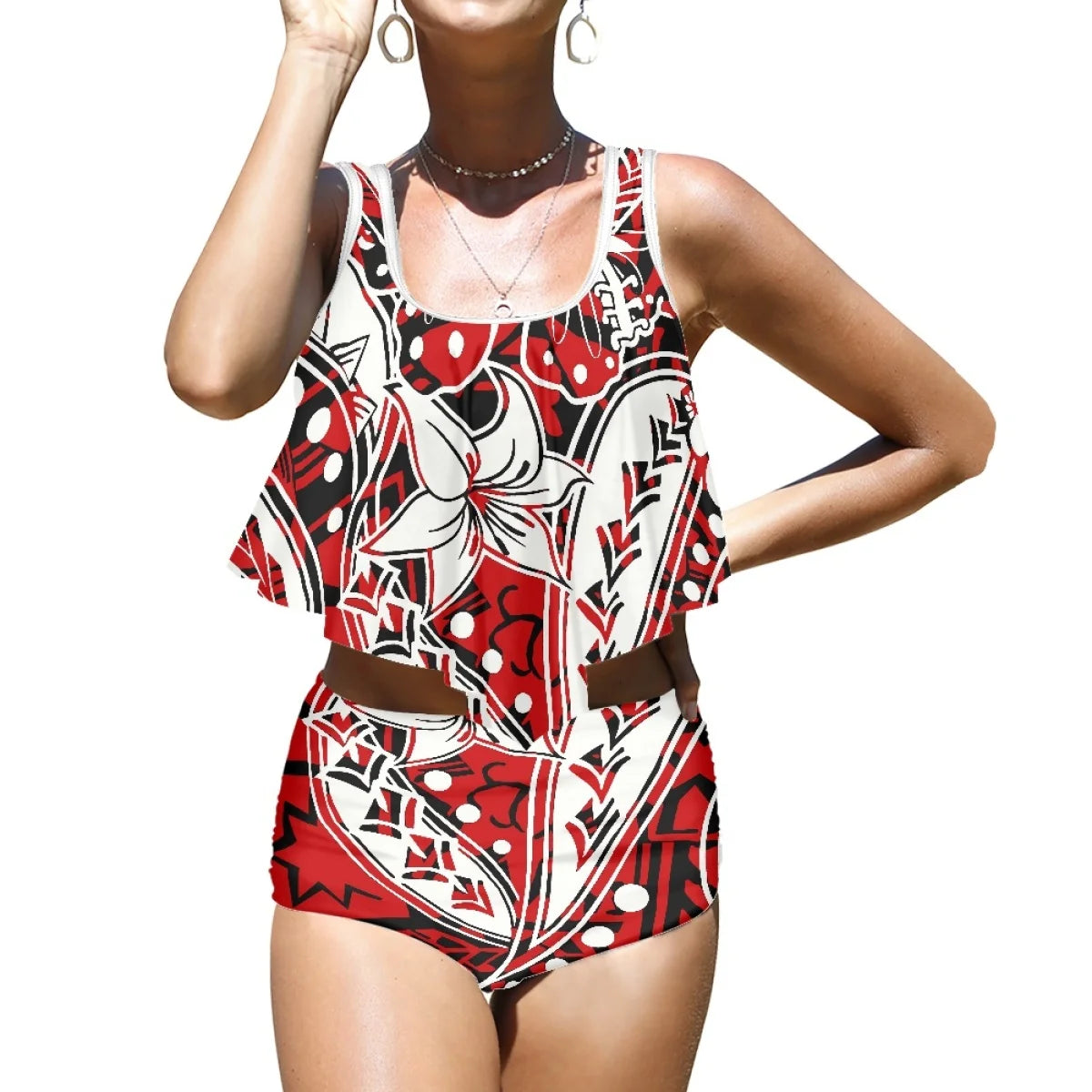 2025 High Quality Hot Style Polynesian beach Plumeria Printed Split Bikini Beach Vacation Swimsuit Printing on Demand