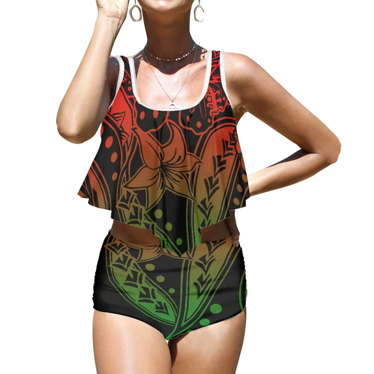 2025 High Quality Hot Style Polynesian beach Plumeria Printed Split Bikini Beach Vacation Swimsuit Printing on Demand
