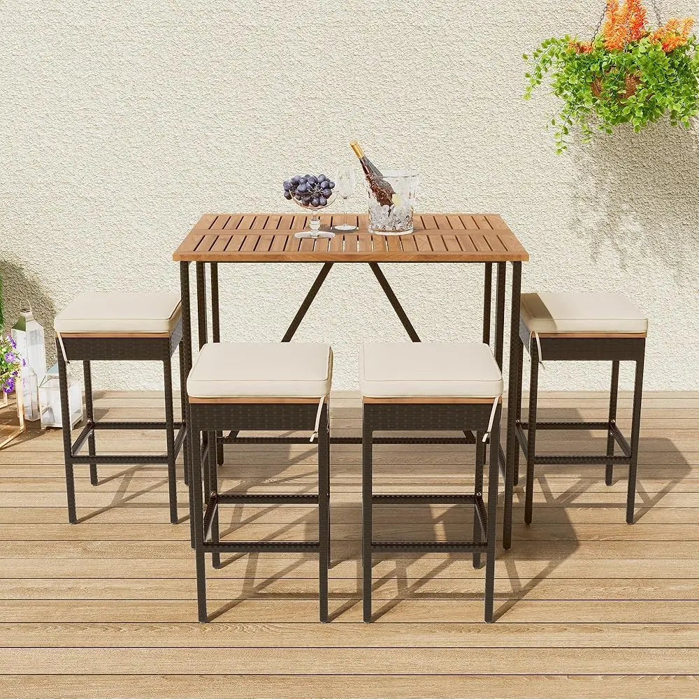 5-Piece Outdoor Dining Set, Acacia Wood Bar Height Table And 4 Stools With Removable Cushions, Pe Wicker Dining Table With