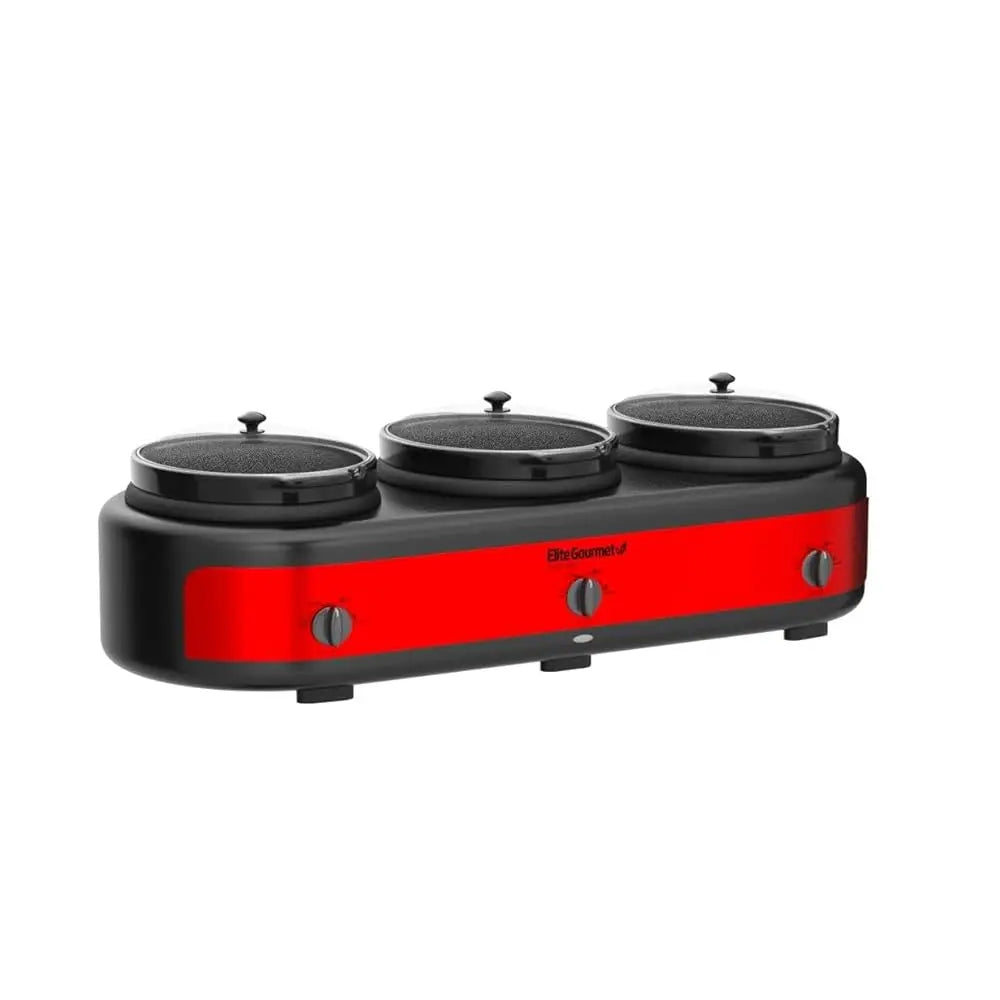 Ewmst-325R Maxi-Matic Triple Slow Cooker Buffet Server Adjustable Temp Dishwasher-Safe Oval Ceramic Pots, Lid Rests, 3 X 2.5 Qt