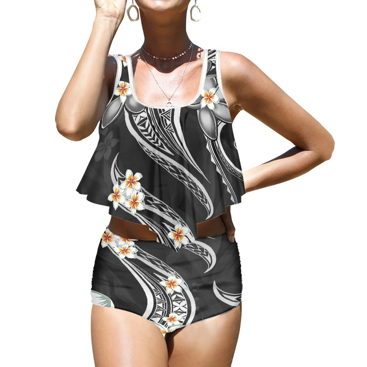2025 High Quality Hot Style Polynesian beach Plumeria Printed Split Bikini Beach Vacation Swimsuit Printing on Demand