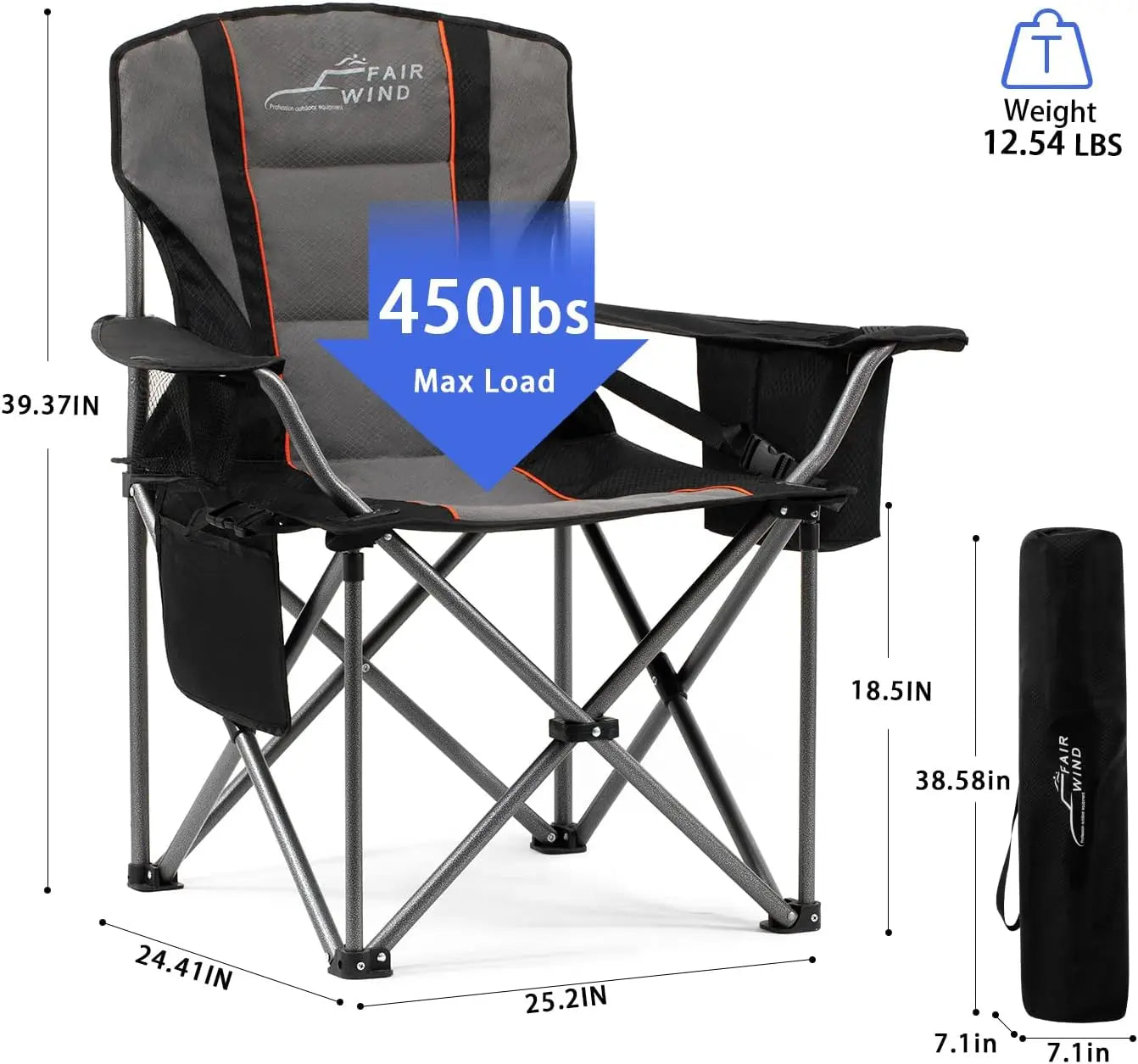 2 Pa Oversized Fully Padded Camping Chair With Lumbar Support, Heavy Duty Cooler Bag Fold Chair Support 450 Lbs