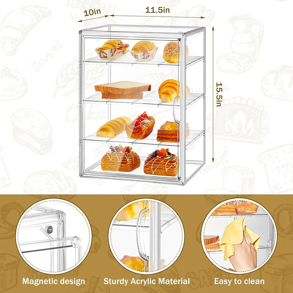 2 Pcs Pastry Display Bakery Display Case Countertop Large Bread Box Kitchen Adjustable Acrylic Bread Storage With Magnetic Door