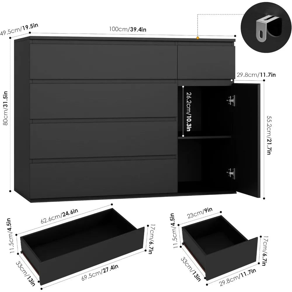 5 Drawer Dresser, Black Dresser for TV Stand, Double Wide Storage Chests of Drawer with Door, Deep Drawers and Wide Storage