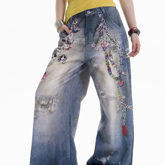 American Retro Cartoon Chain Printed Jeans