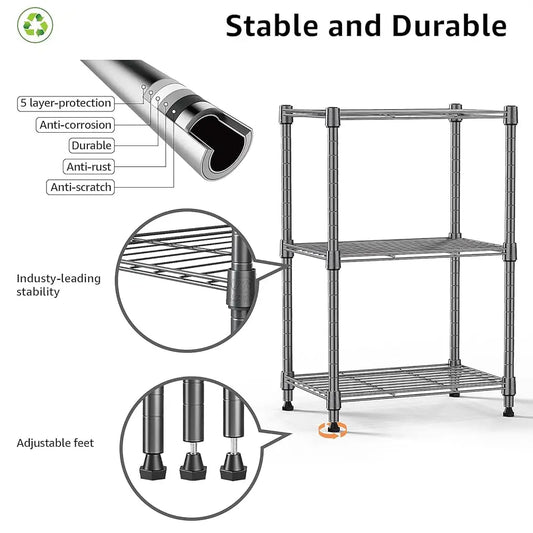 450 Lbs Steel Storage Shelving 3-Tier Utility Shelving Unit Steel Organizer Wire Ra For Home,Kitchen,Office (11.8"" D X 17.7""