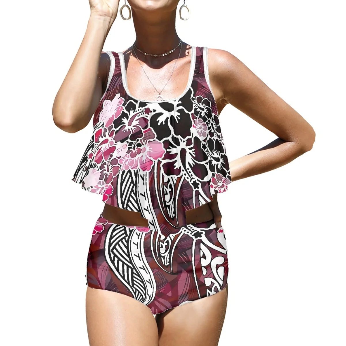 2025 High Quality Hot Style Polynesian beach Plumeria Printed Split Bikini Beach Vacation Swimsuit Printing on Demand