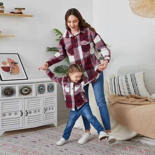 Casual Flannel Parent-Child Check Lapel Jacket