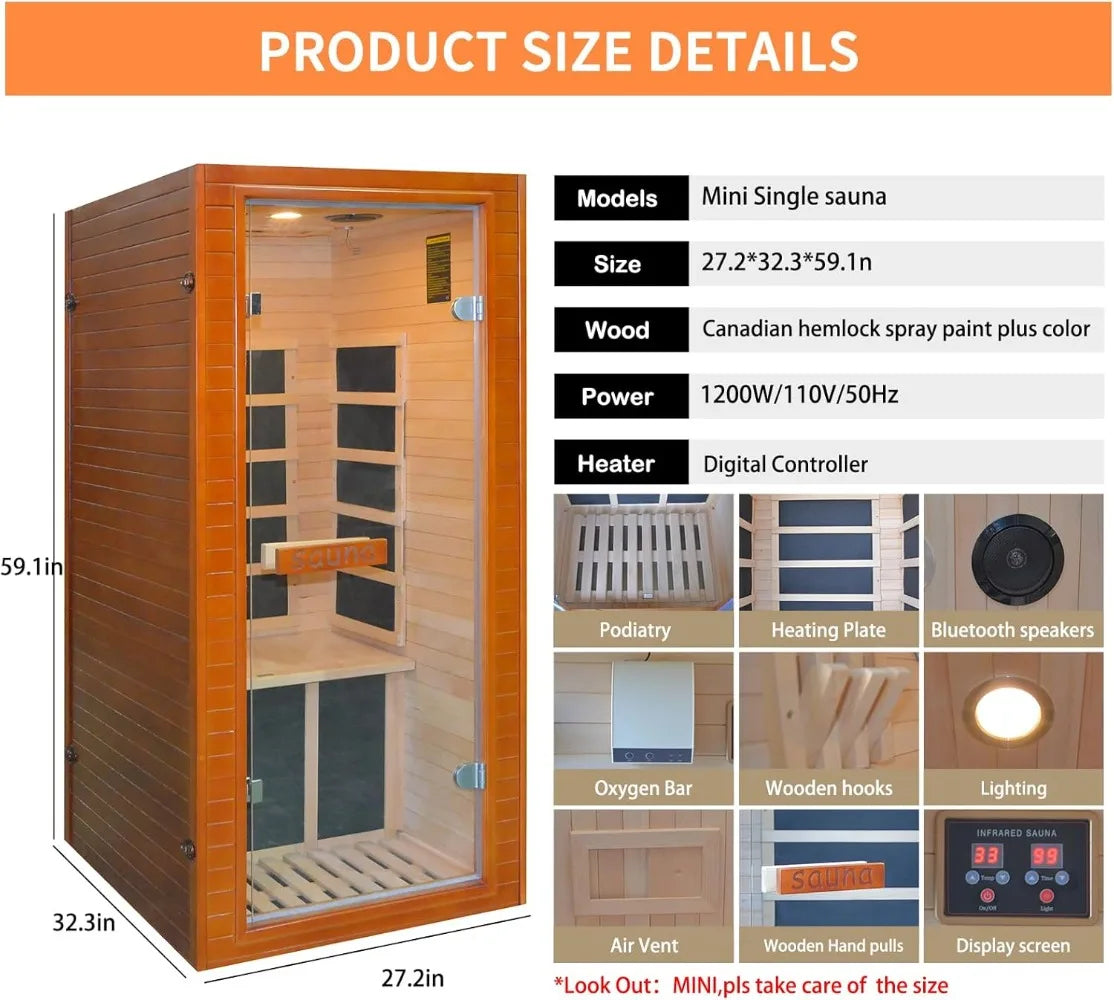 1 Person Low EMF Infrared Home Sauna, With Led Reading Lamp, Bluetooth Speakers, Oxygen bar, Digital Controller, Saunas