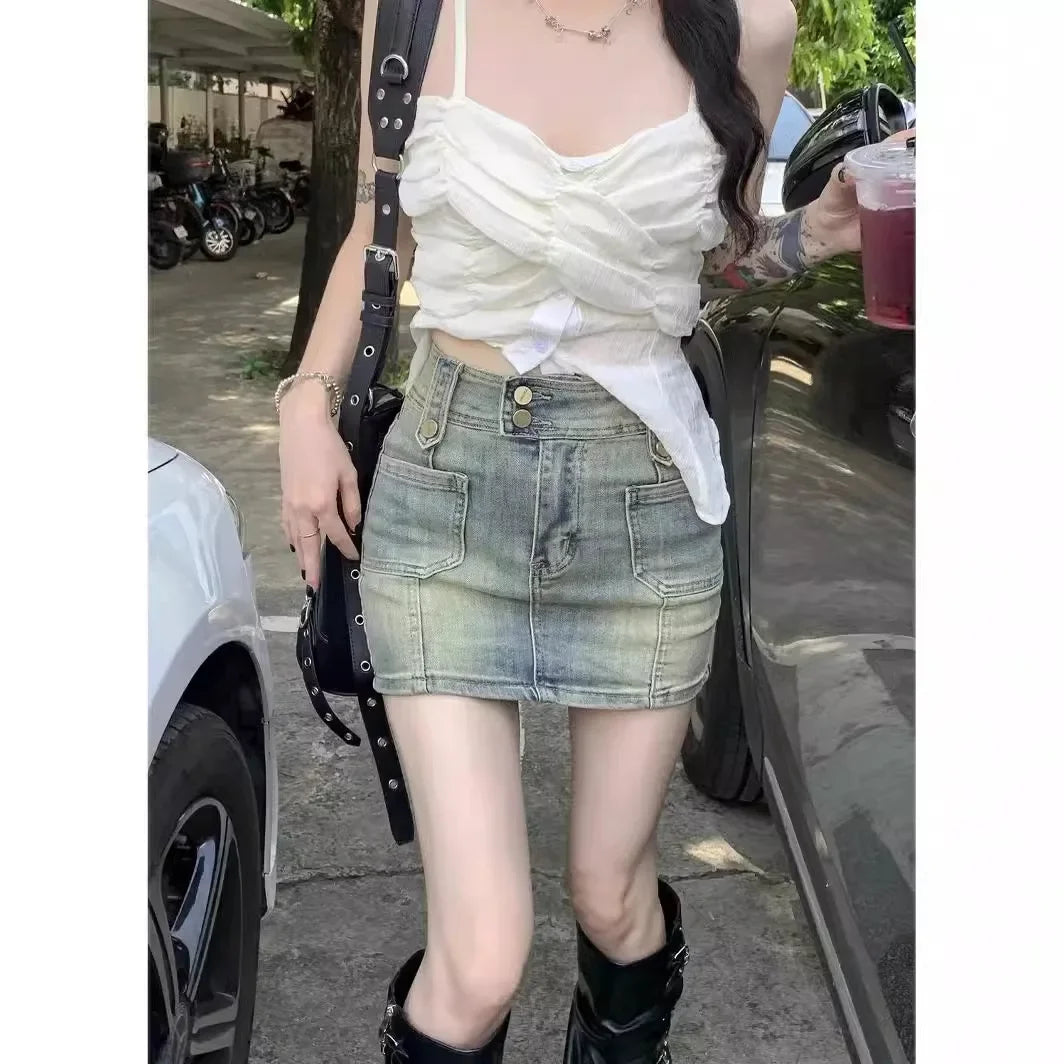 American Retro High-waisted Denim Half Body Skirt.Summer Fashion Hot Girl Outfits Ladies.Casual Hip Wrap A-line Mini Culottes