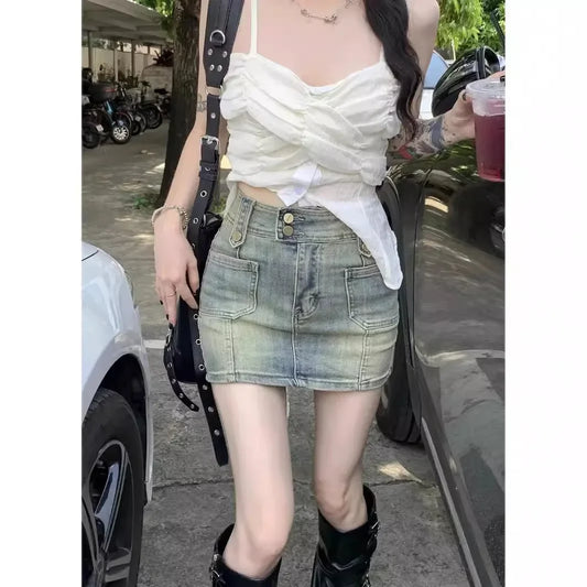 American Retro High-waisted Denim Half Body Skirt.Summer Fashion Hot Girl Outfits Ladies.Casual Hip Wrap A-line Mini Culottes