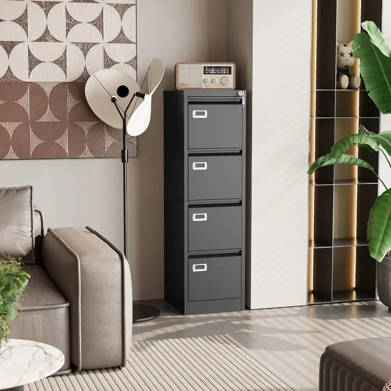 4 Drawer File Cabinet with Lock, Vertical Small Filing Cabinet Steel Lockable Storage Cabinets, 4 Drawer-15"W Black