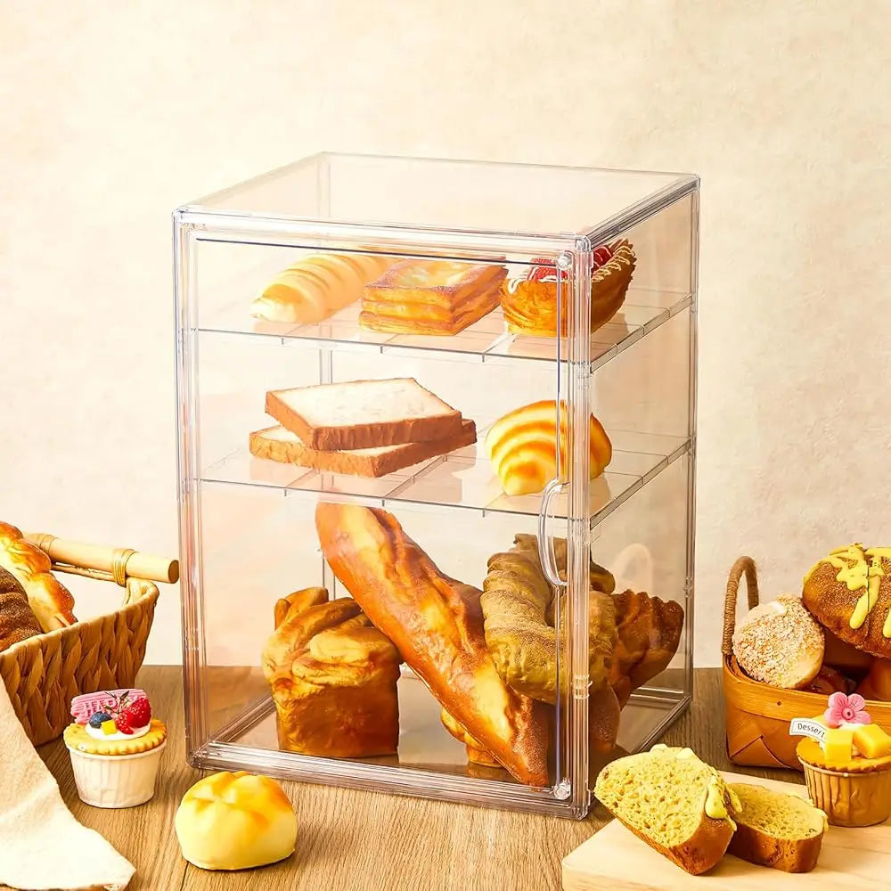 2 Pcs Pastry Display Bakery Display Case Countertop Large Bread Box Kitchen Adjustable Acrylic Bread Storage With Magnetic Door