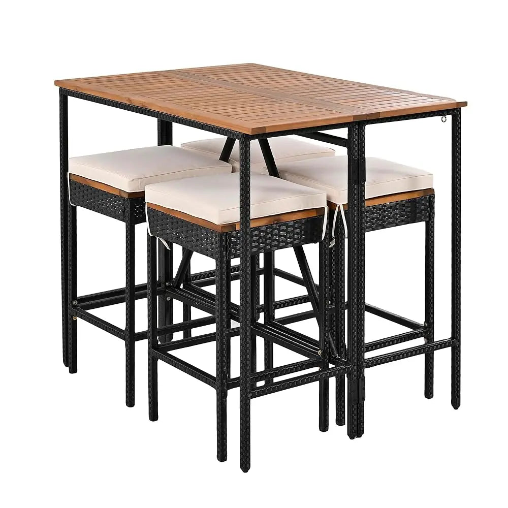 5-Piece Outdoor Dining Set, Acacia Wood Bar Height Table And 4 Stools With Removable Cushions, Pe Wicker Dining Table With