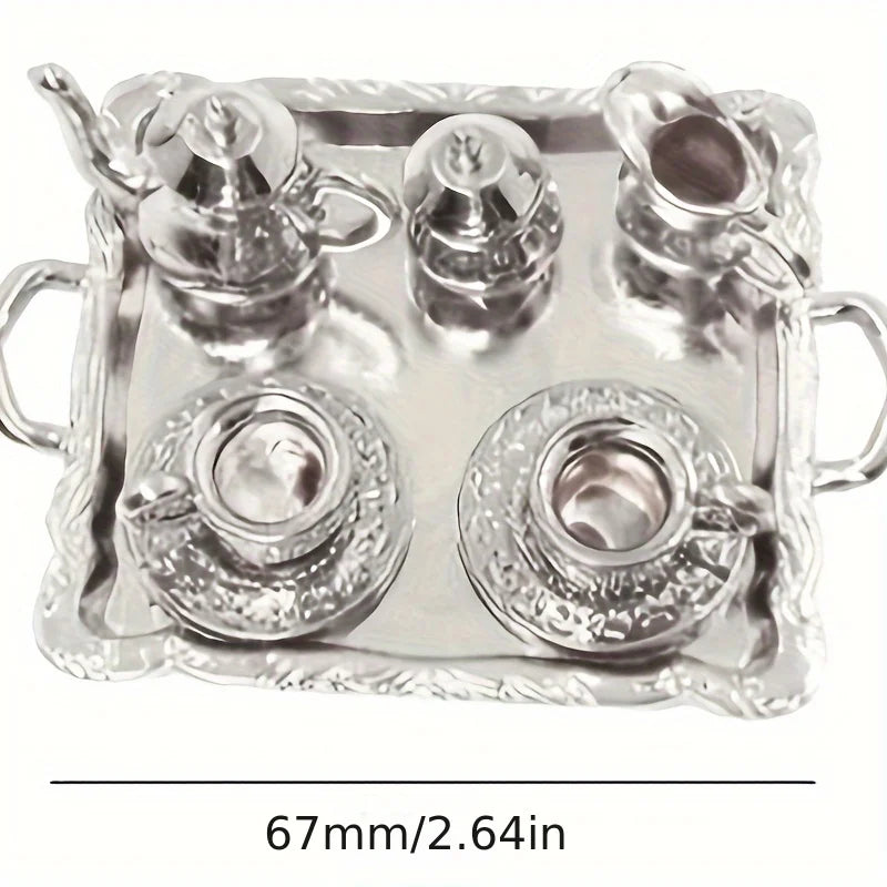 1set Mini Silver Simulation Plated Tea Cup Set Teapot Model Dollhouse Miniature Home Kitchen Decor Funny Play Accessories