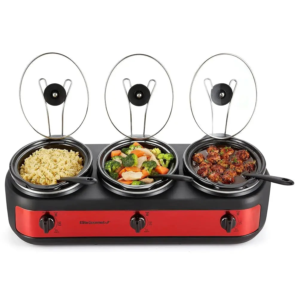 Ewmst-325R Maxi-Matic Triple Slow Cooker Buffet Server Adjustable Temp Dishwasher-Safe Oval Ceramic Pots, Lid Rests, 3 X 2.5 Qt