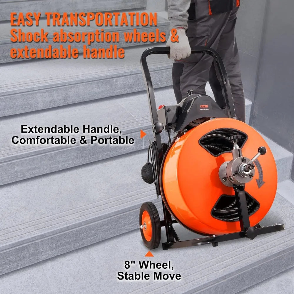 Drain Cleaning Machine 100FT x 3/4 Inch, Sewer Snake Machine Auto Feed, Drain Auger Cleaner with 4 Cutter & Air-Activated