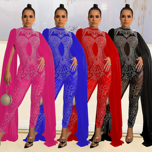 Autumn And Winter New Women's Sexy Mesh Rhinestone See-through Nightclub Jumpsuit