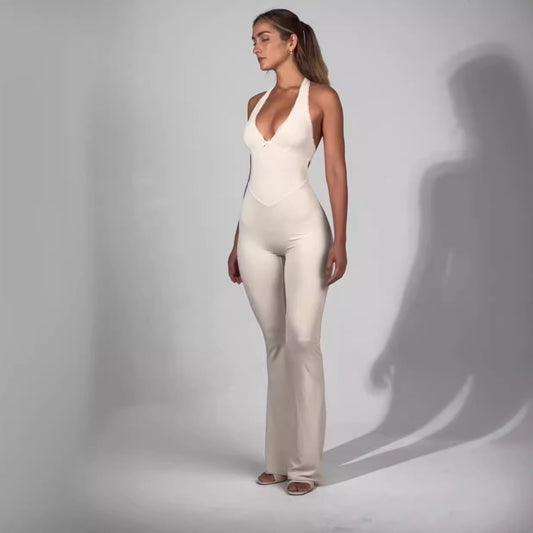 European And American Solid Color Low-cut U-neck Stretch Tight Sexy Sleeveless Jumpsuit