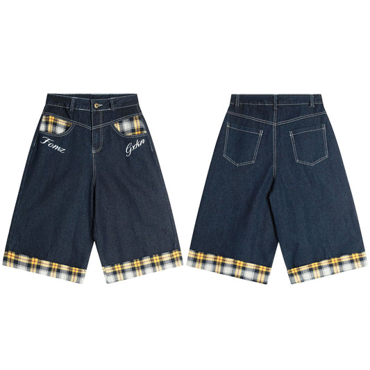 American Retro Plaid Large Pocket Stitching Cargo Shorts