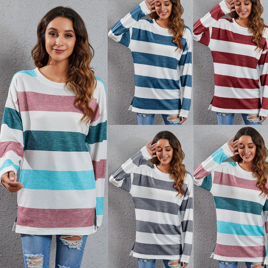European And American Round Neck Multi-color Stripe Sweater
