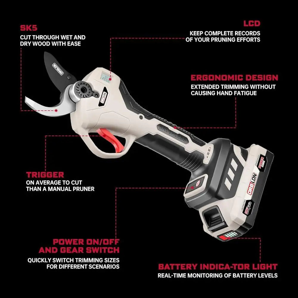 Cordless Electric Pruning Shears Brushless Motor SK5 Blades LCD Display Ergonomic Handle Smart Battery Life Fast Cutting Pruner