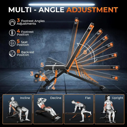 900LBS Foldable Adjustable Weight Bench for Home Gym - Heavy Duty Steel, Flat/Incline/Decline, Sit Up, Strength Training