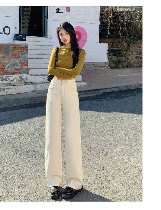 Beige High Waist Straight Skinny Jeans For Women Design Wide Leg Drape Mopping Pants