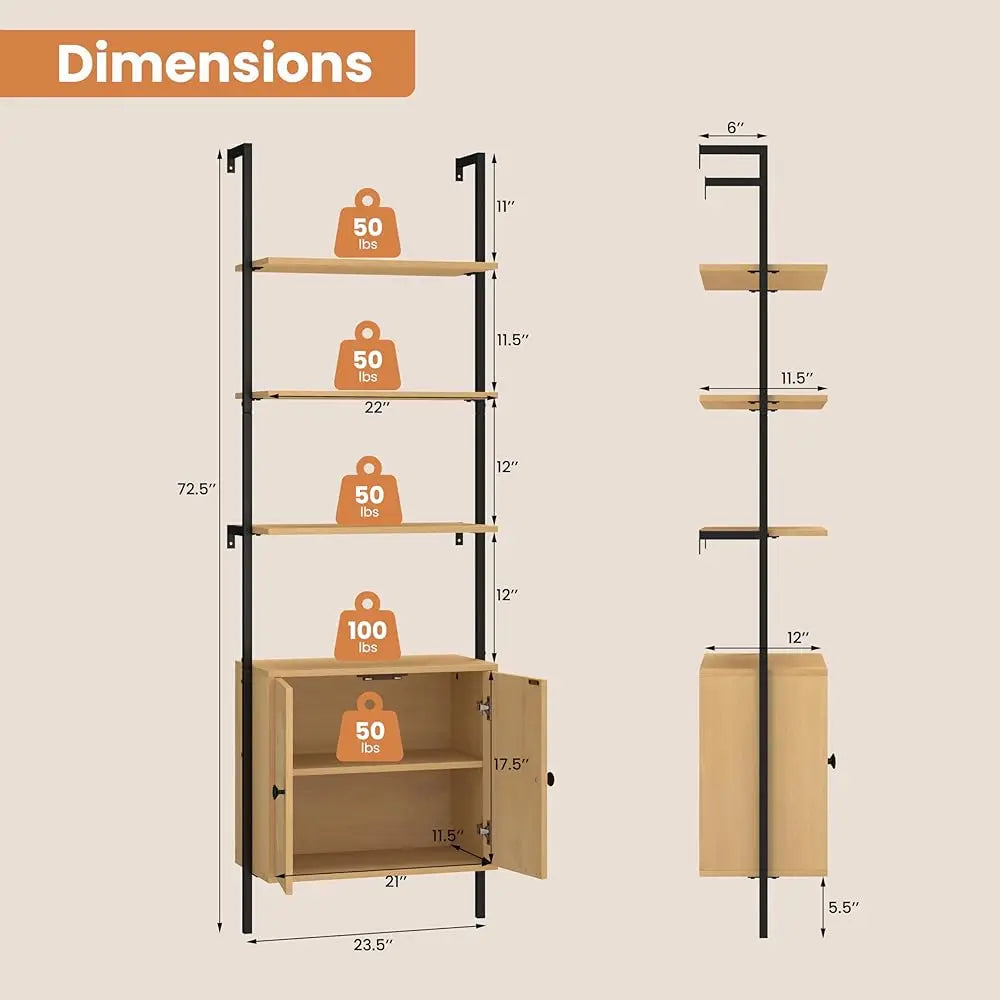 72.5'' Tall Bookshelf With Cabinet Set Of 2, 4-Tier Wall Mount Ladder Shelf With Rattan Cabinet, Adjustable Shelf, Metal Frame,