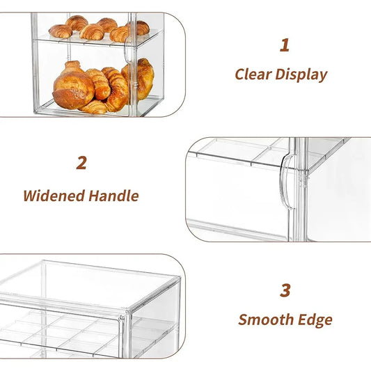Bread Box For Kitchen Countertop Pastry Bakery Display Case 3 Layers Adjustable Large Bread Storage Container For Homemade