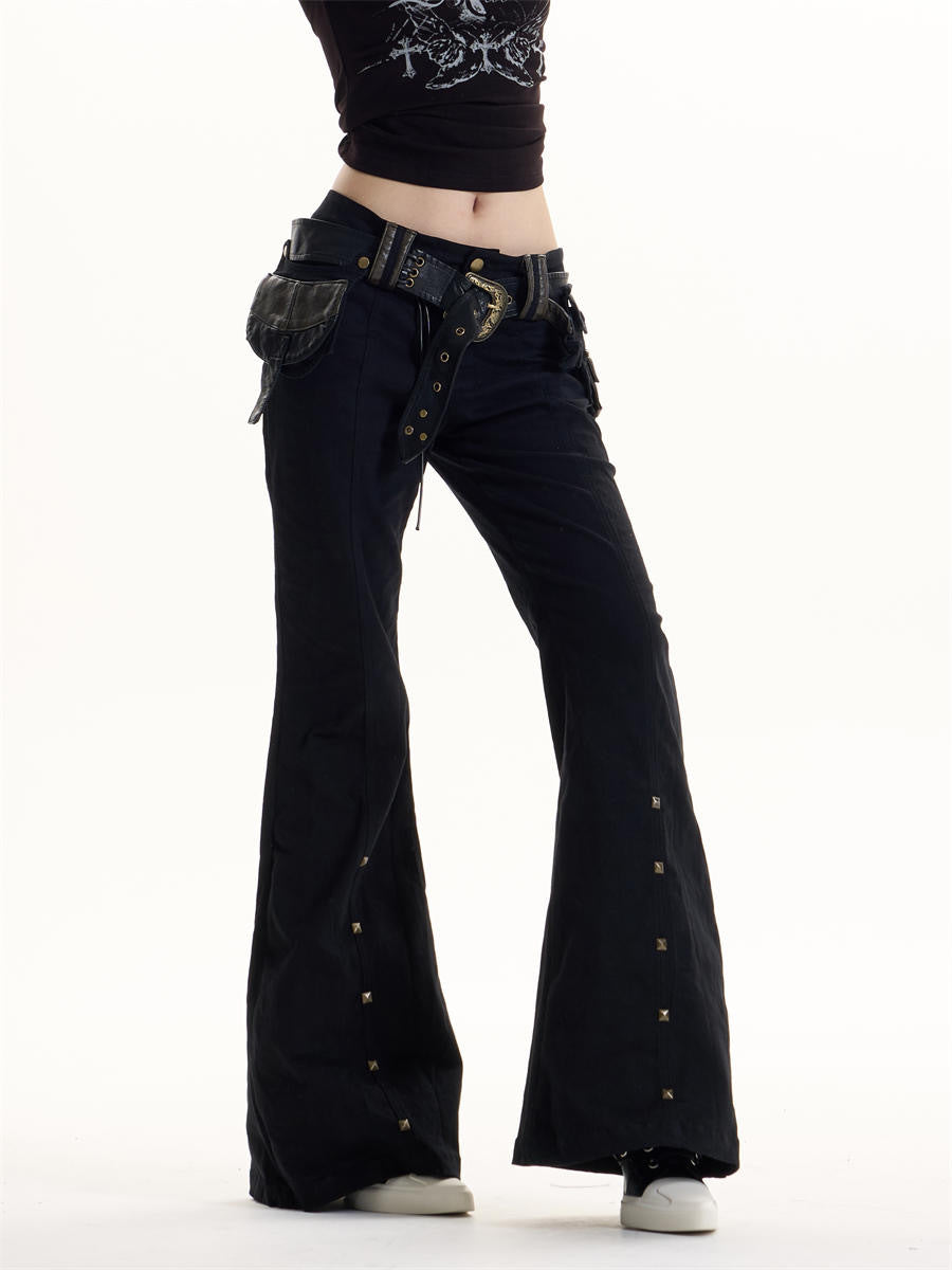 Black Weila Slimming Washed Denim Army Green Design Sense Bell-bottom Pants