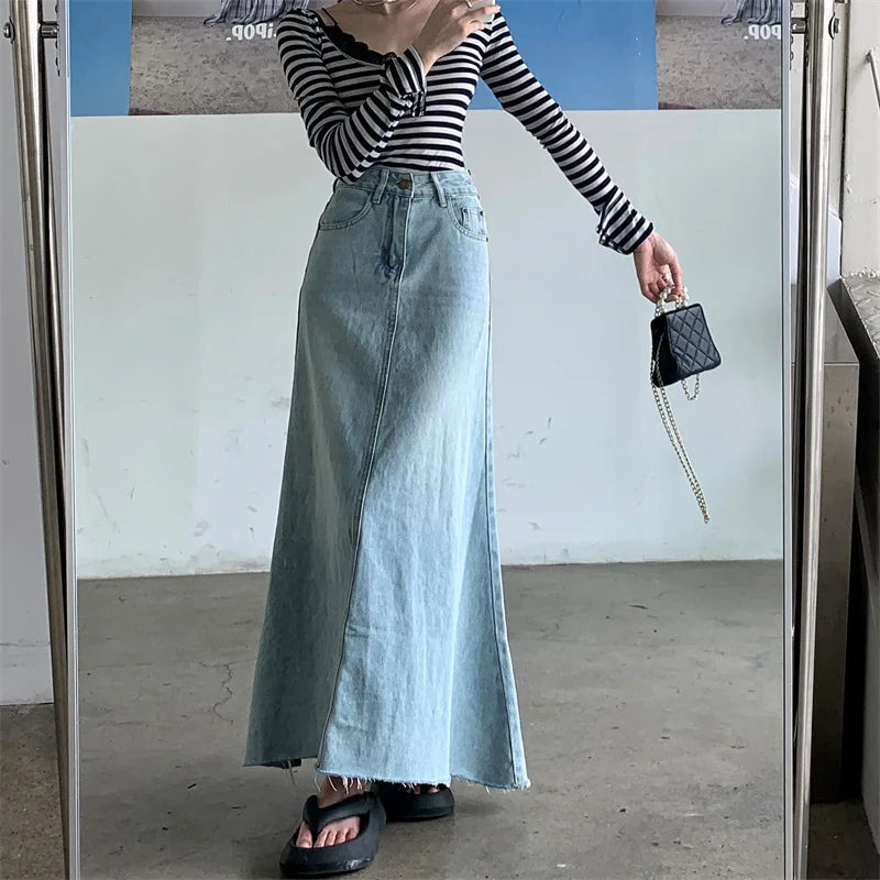 2025 Trend Women's Y2K Jeans Skirt - Light Blue High Waist Denim Maxi Skirt Retro Coquette Street Style 2641