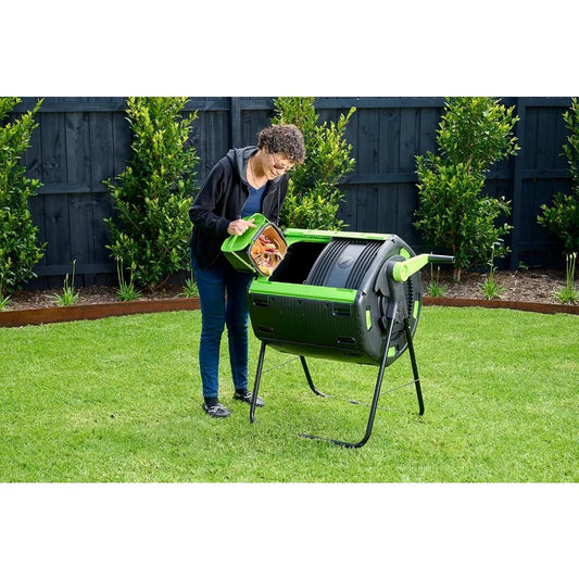 Exclusive Combo - 48 Gallon Compost Tumbler with Compost Cart, 9 Liter Compost bin, 3 Rolls of Corn Bags and Plant Caddy