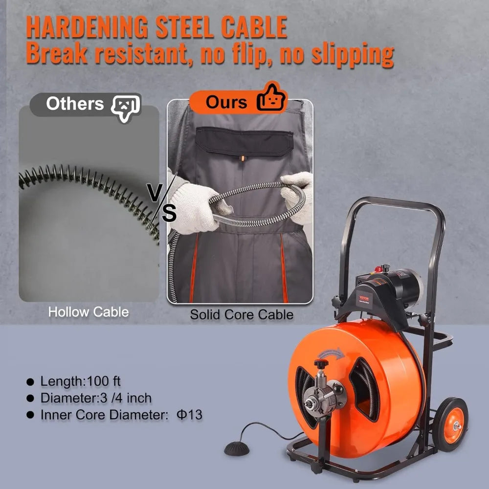 Drain Cleaning Machine 100FT x 3/4 Inch, Sewer Snake Machine Auto Feed, Drain Auger Cleaner with 4 Cutter & Air-Activated