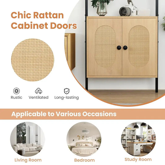 72.5'' Tall Bookshelf With Cabinet Set Of 2, 4-Tier Wall Mount Ladder Shelf With Rattan Cabinet, Adjustable Shelf, Metal Frame,