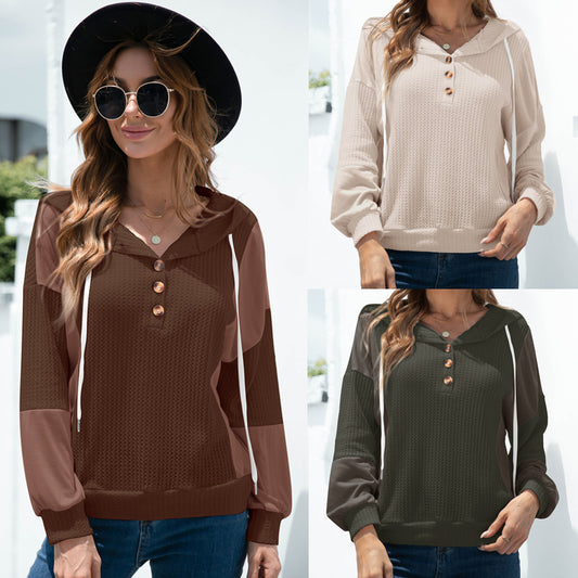 Autumn And Winter Hooded Color-blocking Button Long-sleeved Top