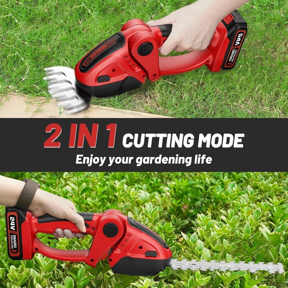 24V Cordless Grass Shears, 2200RPM 2-in-1 Handheld Electric Grass Cutter/Shrubbery Trimmers, Mini Shrub Trimmer Battery Operated