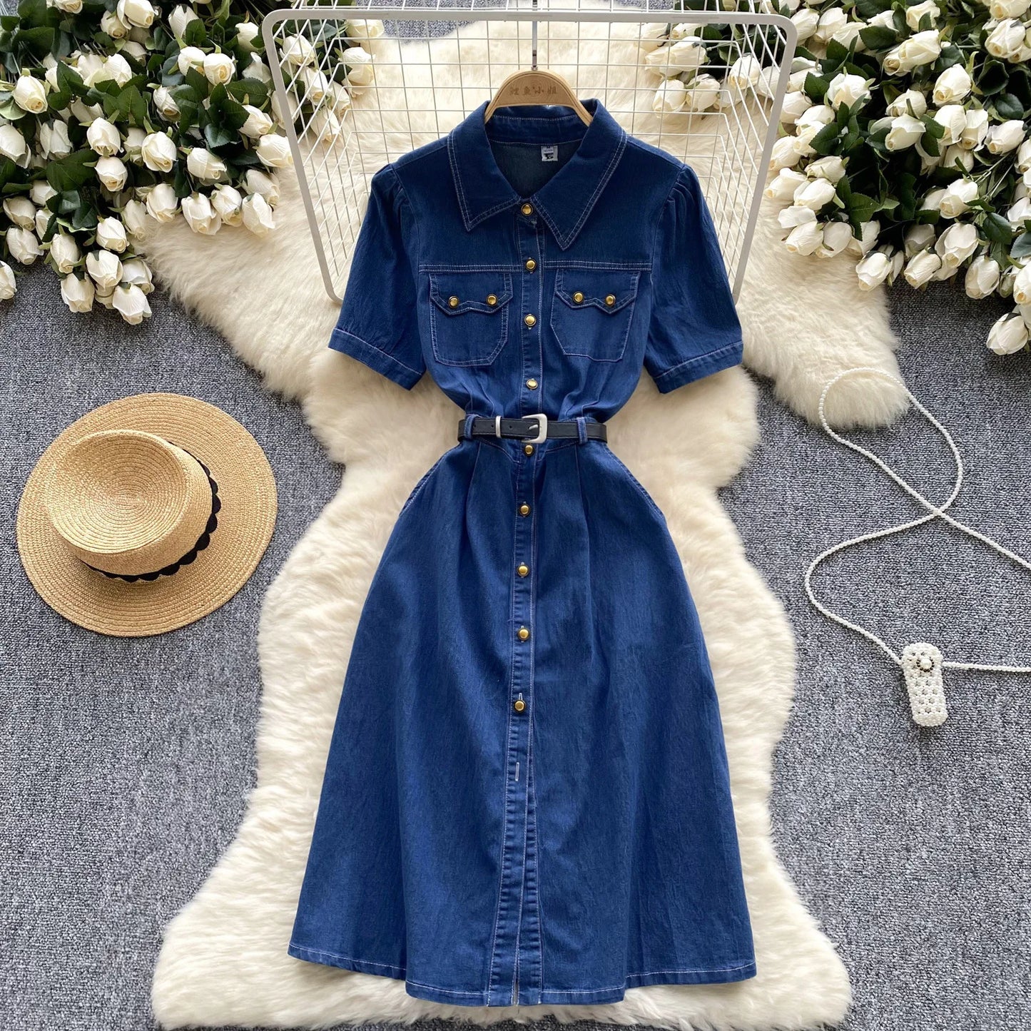 A New Summer Fashion Denim Dress.retro Polo Neck Short-sleeved Metal Single-breasted Belt Cinched Waist Denim Dress for Women