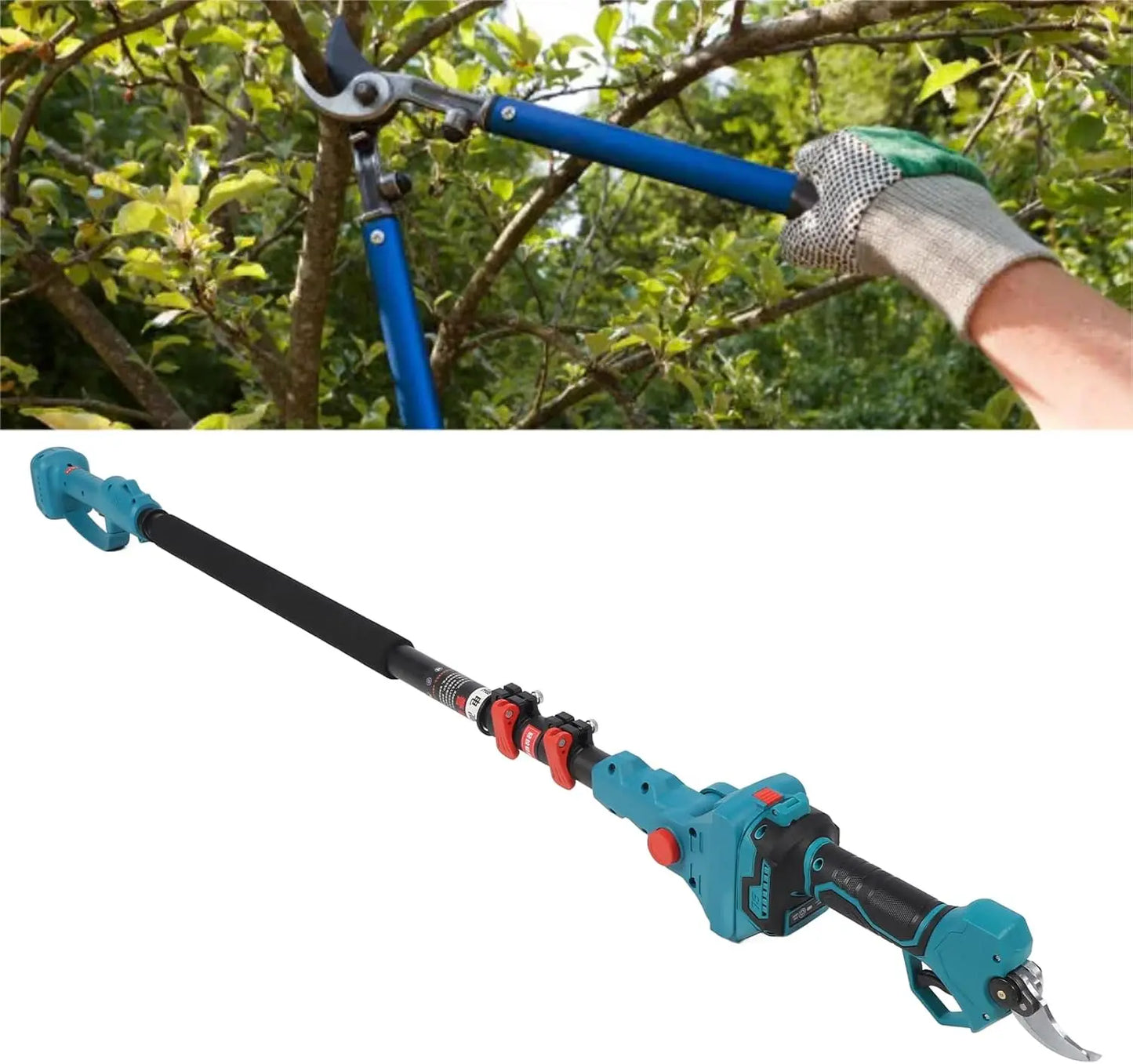 Electric Pruning Shear, Rechargeable Tree Branch Pruner with Extension Pole 180 Degree Adjustable Head Pole Pruning Shear Cordle