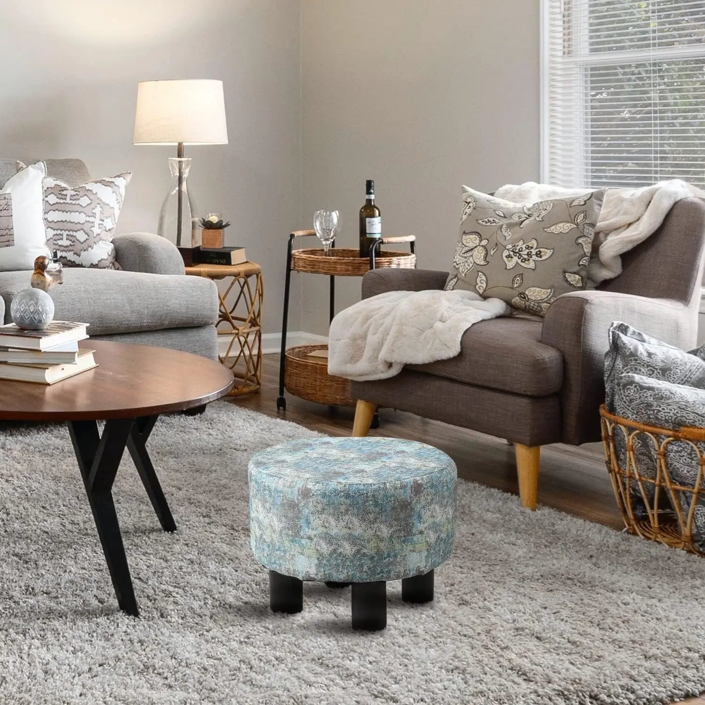 Cpintltr Foot Stool Linen Ottoman Round Footstool For Couch Desk Soft Step Stool Padded Foot Rest With Non-Skid Pine Legs