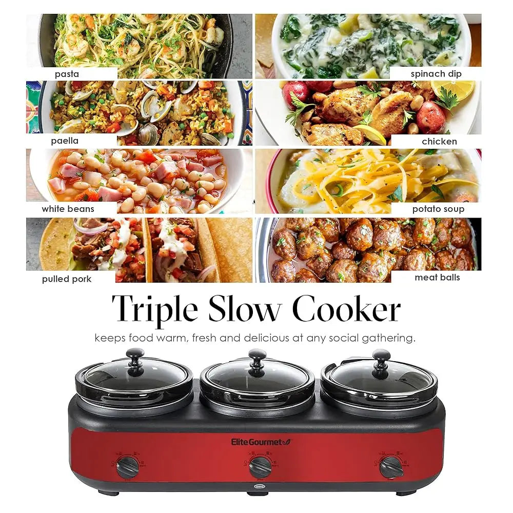 Ewmst-325R Maxi-Matic Triple Slow Cooker Buffet Server Adjustable Temp Dishwasher-Safe Oval Ceramic Pots, Lid Rests, 3 X 2.5 Qt