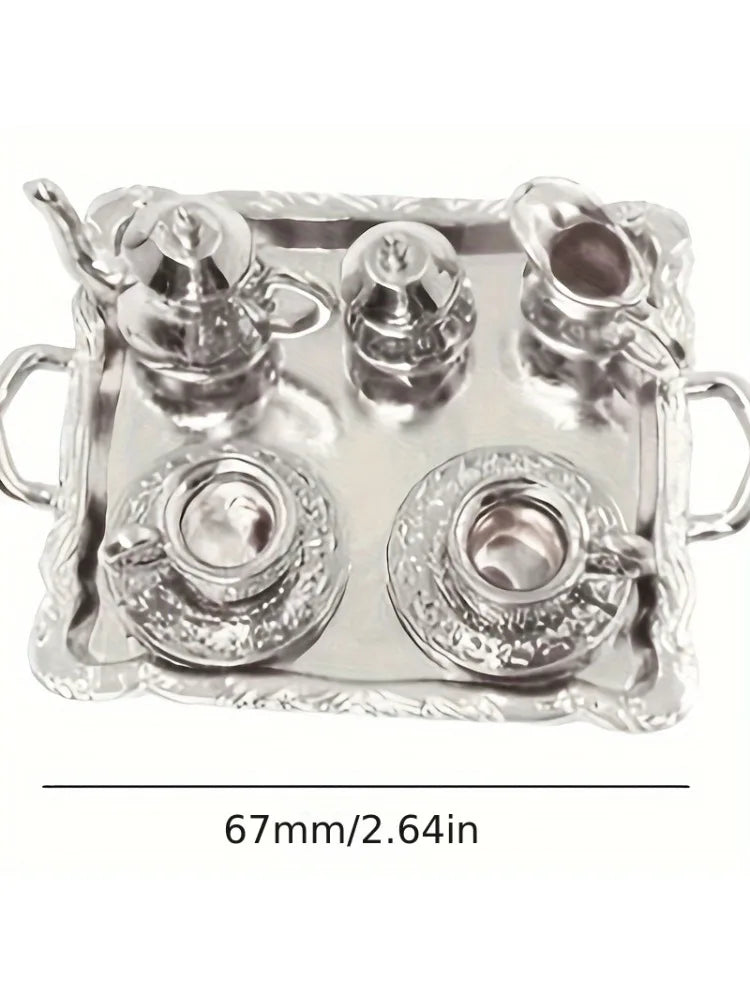 1set Mini Silver Simulation Plated Tea Cup Set Teapot Model Dollhouse Miniature Home Kitchen Decor Funny Play Accessories